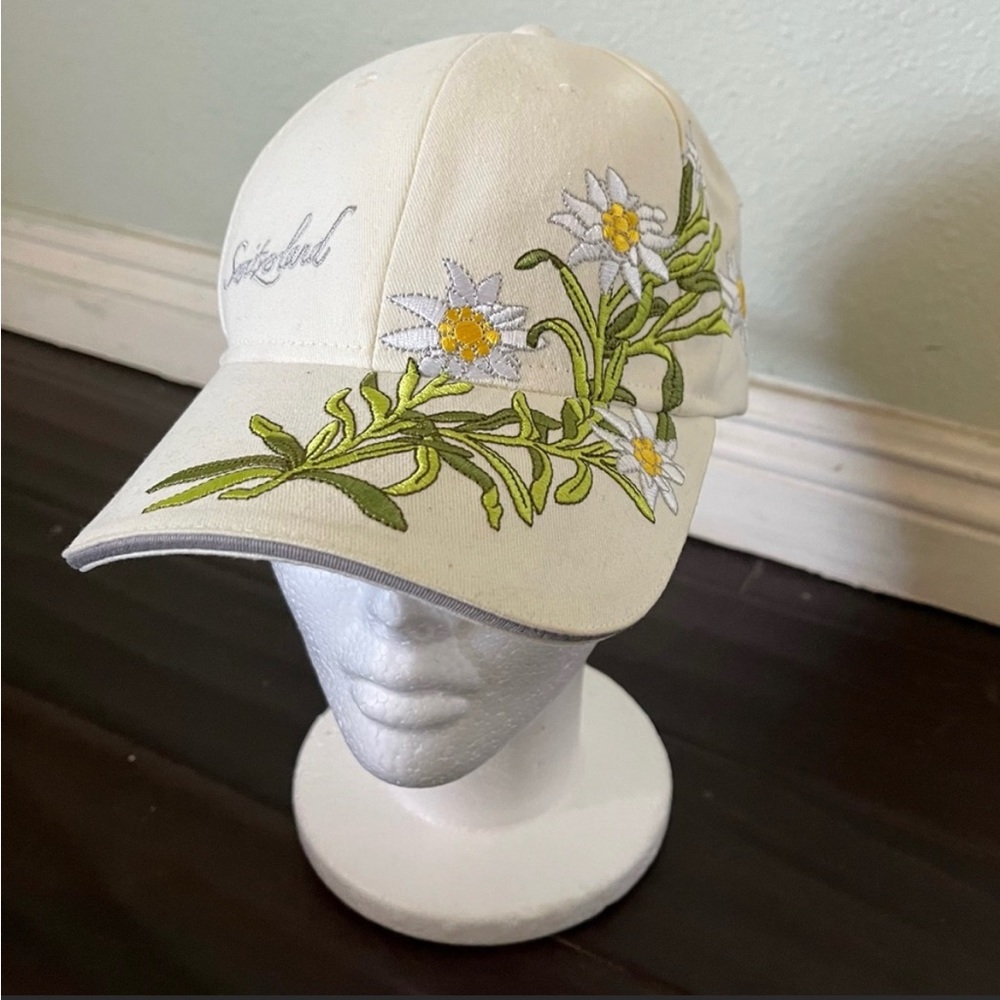 Switzerland Floral Appliqué Cream Adjustable Cap Hat.
